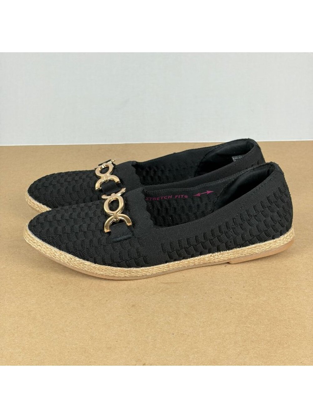Skechers Cleo Woven Espadrille Flats Womens 8.5 Black Gold Metal Detail Slip On